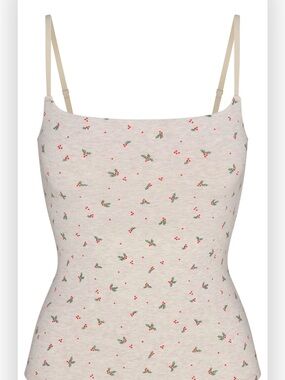 SKIMS Floral Print Slim Cami in Cream with Red & Green Accents